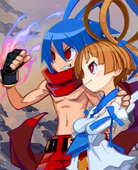 1boy 1girl antenna_hair belt black_belt black_gloves blue_hair blunt_ends brother_and_sister brown_hair crossed_arms demon_boy detached_sleeves disgaea disgaea_d2 dress fang fingerless_gloves flaming_hand gloves grin hand_on_another's_shoulder hand_up huge_antenna_hair laharl navel overlord_jc pants red_eyes red_pants red_scarf scarf short_hair siblings sicily_(disgaea) smile topless_male upper_body v-shaped_eyebrows white_dress