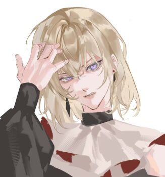 Rule 34 | 1girl, animal ears, bang dream!, bang dream! it's mygo!!!!!, blonde hair, clenched teeth, commentary, doloris (bang dream!), hair between eyes, hand on own head, highres, long sleeves, medium hair, misumi uika, purple eyes, putaooking, simple background, solo, symbol-only commentary, teeth, upper body, white background