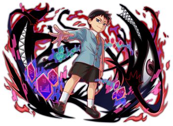 1boy anime_coloring ankle_socks aqua_jacket aqua_sleeves arm_at_side artist_request black_eyes black_hair black_shoes black_shorts buttons child closed_mouth collar collared_shirt crash_fever fire formal_shorts from_below full_body fullmetal_alchemist game_cg hand_on_own_face hexagon honeycomb_(pattern) jacket loafers looking_at_viewer male_focus necktie number_print numbered official_art official_style open_hand orange_necktie outline outstretched_arm pride_(fma) print_shorts red_eyes red_outline selim_bradley sharp_teeth shirt shoes short_hair shorts smile socks solo spoilers square square_print teeth third-party_source transparent_background undershirt white_collar white_shirt white_sleeves white_socks wing_collar