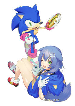 1boy 1girl alternate_hair_color baitong bone_hair_ornament character_costume character_hood chili_dog cosplay dreamcast_controller game_console gloves hair_ornament highres hololive inugami_korone inugami_korone_(sonikoro) official_alternate_hair_color sega sega_dreamcast sonic_(series) sonic_the_hedgehog sonic_the_hedgehog_(cosplay) virtual_youtuber
