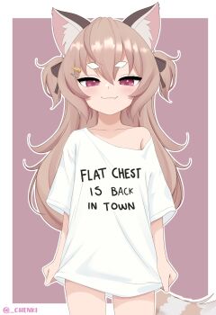 1girl :3 absurdres animal_ear_fluff animal_ears artist_name brown_hair chenki_(chenki) closed_mouth clothes_writing collarbone commentary cowboy_shot english_commentary fang fang_out flat_chest hair_ornament hairclip highres komachi_panko long_hair looking_at_viewer naked_shirt outline outside_border parallel_hairclips phase_connect purple_eyes red_panda_ears red_panda_girl red_panda_tail shirt short_sleeves simple_background smile solo tail thick_eyebrows twitter_username virtual_youtuber white_background white_outline white_shirt