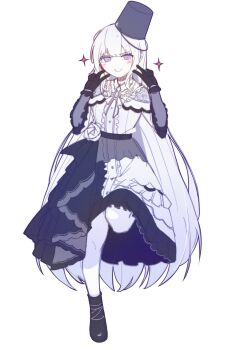 1girl absurdres bai_weizi_lingzi black_gloves black_shoes bucket bucket_on_head center_frills closed_mouth commentary_request double_v dress flower frilled_dress frilled_sleeves frills full_body gloves hands_up highres long_hair long_sleeves looking_at_viewer mahou_shoujo_no_majo_saiban object_on_head pantyhose purple_eyes rose shoes simple_background smile solo sparkle spoilers standing standing_on_one_leg tsukishiro_yuki v very_long_hair white_background white_dress white_flower white_hair white_pantyhose white_rose