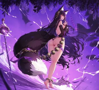 1girl absurdly_long_hair ahoge alternate_costume animal_ear_fluff animal_ears ass ass_cutout azur_lane backless_outfit barefoot beads black_hair breasts bridal_gauntlets brown_hair character_name chestnut_mouth clothing_cutout detached_sleeves dress facial_mark floating_hair flower fox_ears fox_girl fox_tail from_behind from_below hair_ornament highres huge_breasts long_hair looking_at_viewer looking_back mitsu_(mitsu_art) musashi_(azur_lane) no_panties prayer_beads purple_background purple_hair smile solo steepled_fingers tail tail_ornament very_long_hair weapon yellow_eyes