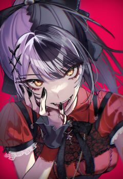 1girl absurdres alternate_costume black_capelet black_choker black_corset black_hair black_nails breasts capelet choker corset dress frilled_capelet frills grey_hair hair_ornament highres hololive hololive_english lace-trimmed_capelet lace_trim large_breasts long_hair looking_at_viewer multicolored_hair official_alternate_costume official_alternate_hairstyle open_mouth phazer_(phaazerofficial) plaid_camisole ponytail red_dress ribbon shiori_novella shiori_novella_(casual) simple_background smile solo split-color_hair two-tone_hair virtual_youtuber yellow_eyes