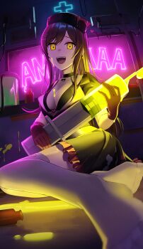 1girl absurdres backlighting black_bra black_choker black_dress bra breasts choker cleavage collarbone commentary_request dress earrings empty_eyes gloves glowing_liquid hair_ornament hairclip halloween halloween_costume hat highres holding holding_syringe idolmaster idolmaster_shiny_colors jewelry kurageso large_syringe long_hair looking_at_viewer medium_breasts neon_lights neon_palette night no_shoes nurse nurse_cap official_alternate_costume open_mouth osaki_amana oversized_object puffy_short_sleeves puffy_sleeves red_gloves red_hair short_sleeves sign sitting smile solo swept_bangs syringe thighhighs underwear white_thighhighs yellow_eyes yokozuwari