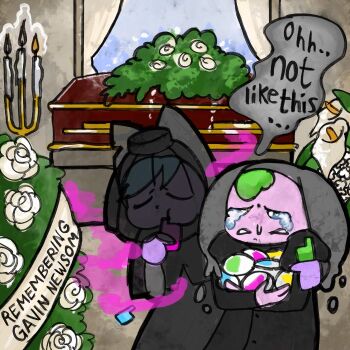Rule 34 | 2girls, basket, black dress, black veil, blobby (sillypoo), bridie (sillypoo), candle, candlestand, closed eyes, colored skin, commentary, crying, day, dress, english text, flower, funeral, funeral veil, green hair, holding, indoors, multiple girls, original, purple skin, rose, see-through clothes, see-through veil, sillypoo, speech bubble, tears, untranslatable commentary, veil, white flower, white rose, window