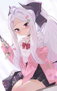 1girl absurdres ahoge bag black_choker black_skirt blue_archive blush bow bowtie cameo cellphone cellphone_charm character_doll charm_(object) choker collared_shirt commentary_request cowboy_shot demon_girl demon_horns demon_wings doll doodle_sensei_(blue_archive) forehead gyaru hair_bow hair_ribbon heart heart_choker highres hina_(blue_archive) holding holding_phone hood hooded_jacket horns jacket long_hair looking_at_viewer open_clothes open_jacket parted_bangs pendant_choker phone pink_jacket plaid_clothes plaid_skirt pleated_skirt ponytail purple_eyes red_bow red_bowtie ribbon school_bag school_uniform sensei_(blue_archive) shirt short_sleeves sidelocks simple_background sitting skirt smartphone smile solo ura_ra1800 wavy_hair white_background white_hair white_shirt wings