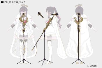 1girl a-pose azki_(departure)_(hololive) azki_(hololive) bilingual_commentary black_corset boots bow bowtie brown_hair cape center_frills closed_mouth colored_inner_hair colored_shoe_soles company_name copyright_notice corset crown double-parted_bangs dress feather-trimmed_cape floating_crown frilled_shirt_collar frills full_body gold_trim grey_background hair_between_eyes hair_intakes high_heel_boots high_heels high_ponytail holding hololive jacket juliet_sleeves layered_skirt long_hair long_sleeves looking_at_viewer microphone microphone_stand miniskirt mixed-language_commentary mole mole_under_eye multicolored_hair multiple_views muto_(n0sug4r) object_focus official_alternate_costume official_alternate_hairstyle official_art pink_hair pleated_skirt ponytail puffy_sleeves purple_eyes reference_sheet second-party_source see-through_skirt_layer shirt sidelocks simple_background skirt straight-on streaked_hair thigh_boots translation_request transparent turnaround virtual_youtuber white_boots white_bow white_bowtie white_cape white_dress white_streaks