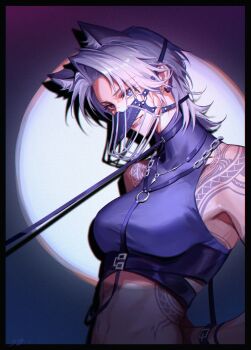 1girl absurdres animal_ear_fluff animal_ears arms_behind_back bare_shoulders belt black_border blue_eyes border chain collar crop_top earrings extra_ears eyelashes grey_hair grin highres jewelry kemonomimi_mode lccdi leash midriff multiple_belts muzzle o-ring path_to_nowhere pet_play photoshop_(medium) scar scar_on_face scar_on_nose shirt short_hair shoulder_tattoo sleeveless sleeveless_shirt smile solo stage_lights tattoo tight_clothes tight_shirt upper_body white_hair wolf_ears wolf_girl zoya_(path_to_nowhere)
