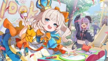 >_< 3girls beret black_hat black_jacket blue_dress blue_eyes bow brown_hair clio_aite commission copyright_name crayon crop_top cropped_jacket crown day dress eepy_sleepy emma_0215 graffiti hair_bow hat highres jacket layered_dress long_hair long_sleeves marimari_(vtuber) midriff multicolored_dress multiple_girls official_art open_mouth orange_bow orange_dress outdoors phase_connect pointy_ears purple_hair side_ponytail sky slide smile tree virtual_youtuber white_dress