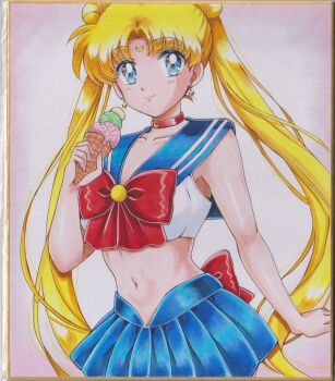 absurdres adapted_costume armpits back_bow bishoujo_senshi_sailor_moon blue_eyes blue_sailor_collar blue_skirt bow bowtie chikoto_(kztc4472) choker collarbone crescent crescent_earrings crescent_facial_mark crop_top double_bun earrings eating facial_mark food forehead_mark gem hair_bun hair_ornament highres ice_cream jewelry lips looking_at_viewer midriff navel parted_bangs pleated_skirt red_bow red_bowtie red_choker red_gemstone sailor_collar sailor_moon sailor_senshi_uniform shirt skirt smile traditional_media transformation_brooch_(sailor_moon) tsukino_usagi twintails white_shirt