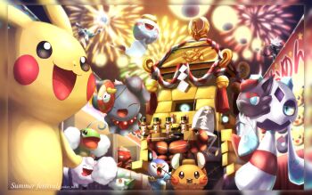 absurdres alternate_color bell blacephalon buzzwole character_mask chimecho chingling cottonee darumaka dedenne eating fireworks food_stand froslass gen_1_pokemon gen_2_pokemon gen_3_pokemon gen_4_pokemon gen_5_pokemon gen_6_pokemon gen_7_pokemon highres ho-oh lantern legendary_pokemon magikarp mask mask_on_head mikoshi misdreavus nintendo no_humans octillery open_mouth outdoors paper_lantern pheromosa pikachu piplup pokemon pokemon_(creature) poket_mkrn politoed shiny_pokemon slurpuff stakataka summer_festival ultra_beast xurkitree yatai zorua