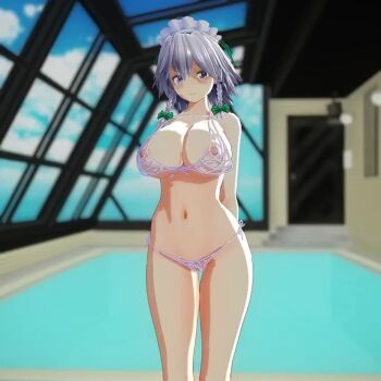 Rule 34 | 1girl, 3d, animated, armpits, arms behind back, arms behind head, bikini, blue eyes, blush, bouncing breasts, breasts, cleavage, close-up, from below, grey hair, highres, izayoi sakuya, jiggle, large breasts, legs, looking at viewer, navel, nipples, pool, rei no pool, revealing clothes, seductive gaze, seductive smile, see-through clothes, short hair, smile, solo, swimsuit, tagme, thighs, toned, touhou, video, water