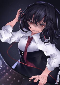 1girl absurdres alternate_eye_color black_hair black_skirt bow collar dj grin hair_between_eyes hair_bow headphones highres muraryo necktie night night_sky no_headwear orange_eyes shirt short_hair skirt sky sleeve_cuffs smile solo star_(sky) touhou usami_renko white_collar white_shirt