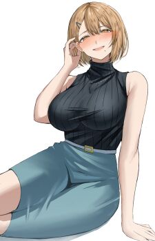 1girl adjusting_hair aqua_skirt arm_support bare_arms bare_shoulders belt black_sweater blush breasts brown_eyes brown_hair commentary_request highres kei8987 large_breasts looking_at_viewer mole mole_under_mouth open_mouth original ribbed_sweater short_hair simple_background sitting skirt sleeveless sleeveless_sweater smile solo sweater sweater_tucked_in turtleneck turtleneck_sweater white_background white_belt