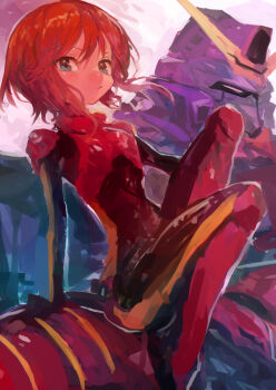 1girl absurdres blue_eyes bodysuit breasts closed_mouth commentary gundam gundam_zz hair_between_eyes highres kaamin_(mariarose753) looking_at_viewer mecha mecha_pilot_suit mobile_suit normal_suit_(gundam) psycho_gundam_mk_ii puru_two qubeley_mk_ii red_hair robot science_fiction short_hair simple_background sitting small_breasts solo v-fin