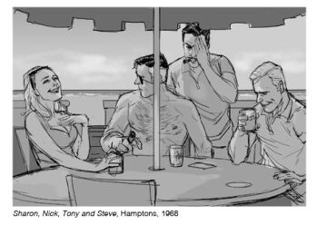 1girl 3boys avengers_(series) beach black_hair blurry blurry_background blurry_foreground border caption chair chest_hair cup english_text faux_traditional_media holding holding_cup laughing lowres marvel monochrome multicolored_hair multiple_boys nick_fury ocean phil_noto picture_frame sharon_carter smoking_pipe soda steve_rogers table talking tank_top tony_stark topless_male two-tone_hair umbrella white_border white_hair x-men