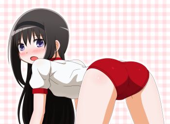 Rule 34 | 10s, 1girl, akemi homura, all fours, ass, black hair, blush, cadsensei, female focus, from behind, gym shorts, gym uniform, hair ornament, hairband, long hair, looking at viewer, looking back, mahou shoujo madoka magica, open mouth, shirt, shorts, solo