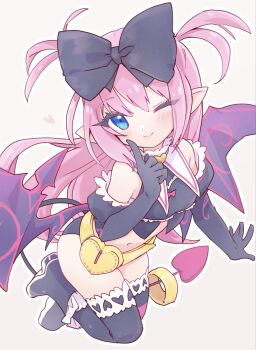 Rule 34 | 1girl, bare shoulders, black boots, black gloves, black panties, black ribbon, black tank top, black thighhighs, blue eyes, boots, elbow gloves, emil chronicle online, finger to cheek, gloves, hair ribbon, heart, heart tail, highres, lilim (eco), long hair, navel, one eye closed, panties, pink hair, pink tail, pointy ears, purple wings, ribbon, smile, solo, tail, tank top, thighhighs, two side up, underwear, waist bag, white background, wings, yusa yuyu