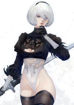 Rule 34 | 1girl, 2b (nier:automata), back cutout, black gloves, black hairband, black thighhighs, blindfold, boots, breasts, cleavage cutout, clothing cutout, covered eyes, covered navel, feather-trimmed sleeves, feather trim, gloves, hairband, highleg, highleg leotard, highres, juliet sleeves, leotard, long sleeves, mitsuki nite, mole, mole under mouth, nier:automata, nier (series), puffy sleeves, short hair, solo, thighhighs, thighhighs under boots, thong leotard, white hair, white leotard