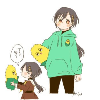 Rule 34 | 1girl, black hair, black pants, commentary request, conno-san (love live!), green hoodie, hair ornament, holding, holding stuffed toy, hood, hoodie, jellyfish cut, kase (ks lys), katsuragi izumi, link! like! love live!, long hair, love live!, multiple views, orange eyes, pants, simple background, speech bubble, standing, stuffed animal, stuffed corn, stuffed toy, thought bubble, triangle hair ornament, twitter username, virtual youtuber, white background