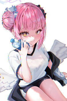 1girl absurdres angel_wings black_shorts blue_archive blush bottle breasts gym_uniform hair_bun hair_tie halo highres holding holding_bottle long_hair looking_at_viewer low_wings matutake_777 mika_(blue_archive) mika_(track)_(blue_archive) pink_hair pink_halo shirt short_shorts shorts simple_background sitting solo sweat thighs water_bottle white_background white_shirt wings yellow_eyes