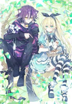 1boy 1girl absurdres alice&#039;s_adventures_in_wonderland alice_(alice_in_wonderland) animal_ears apron aqua_dress aqua_eyes bell black_bow black_hairband black_pants blonde_hair blush bow cat_ears cheshire_cat_(alice_in_wonderland) collar cookie dress food frilled_dress frills hair_between_eyes hairband highres holding holding_cookie holding_food leaf long_hair long_sleeves multicolored_hair neck_bell pants purple_hair short_sleeves sitting smile socks straight_hair striped_clothes striped_socks v-shaped_eyebrows white_apron yakinikusakoku yellow_eyes