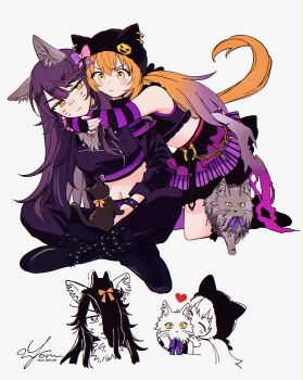 Rule 34 | 2girls, alternate animal ears, animal, animal ear fluff, animal ear headwear, animal ears, animal hug, animal on head, artist name, bandaid, bandaid on face, bandaid on nose, black boots, black shirt, boots, bracelet, breasts, cat, cat on head, chain, closed mouth, detached sleeves, facial mark, fake animal ears, frown, gradient hair, heart, highres, horse ears, horse girl, horse tail, hug, indian style, jacket, jewelry, kneeling, layered skirt, long hair, looking at another, mayano top gun (rockin' mewmeow) (umamusume), mayano top gun (umamusume), midriff, miniskirt, multicolored hair, multiple girls, multiple views, narita brian (apoyando of the roar) (umamusume), narita brian (umamusume), navel, on head, pants, purple jacket, purple pants, shirt, signature, simple background, sitting, skirt, sleeveless, sleeveless shirt, small breasts, smile, tail, twitter username, umamusume, whisker markings, white background, yellow eyes, yonu (yonurime)