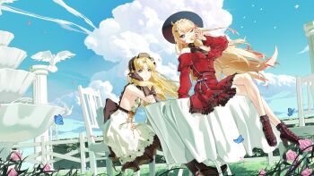 2girls absurdres azur_lane bare_shoulders bird black_bonnet black_boots black_gloves blonde_hair blue_butterfly blue_eyes bonnet boots bug butterfly chair chinese_commentary cloud cloudy_sky column commentary_request cookie cy day dress elbow_gloves flower food frilled_dress frills full_body gloves grass highres holding holding_cookie holding_food howe_(azur_lane) howe_(noble_rouge)_(azur_lane) insect lace-up_boots long_hair long_sleeves looking_at_viewer multiple_girls official_alternate_costume on_chair on_table one_eye_closed outdoors pillar pink_flower pink_rose red_dress rose sitting sky sleeveless sleeveless_dress strappy_heels table vanguard_(azur_lane) vanguard_(half-hearted_masquerade)_(azur_lane) very_long_hair white_bird white_dress