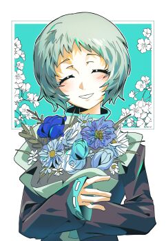 1girl absurdres aqua_hair blush bouquet closed_eyes commentary flower highres holding holding_bouquet im_human_maybe long_sleeves persona persona_3 short_hair simple_background solo symbol-only_commentary upper_body very_short_hair white_background yamagishi_fuuka