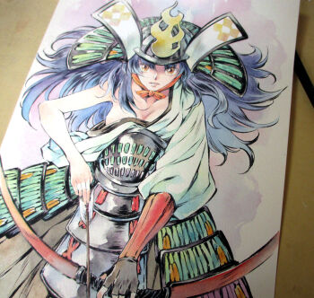 1girl agahari armor arrow_(projectile) black_gloves black_hakama blue_hair bow_(weapon) breasts chinstrap cleavage commentary_request cowboy_shot drawing_bow fingerless_gloves floating_hair gloves hadanugi_dousa hakama hakama_skirt helmet holding holding_arrow holding_bow_(weapon) holding_weapon japanese_armor japanese_clothes kabuto_(helmet) kimono kusazuri long_hair looking_at_viewer medium_breasts oboro_muramasa open_kimono orange_eyes painting_(medium) parted_lips photo_(medium) single_bare_arm single_bare_shoulder single_glove skirt solo standing torahime traditional_media weapon white_kimono