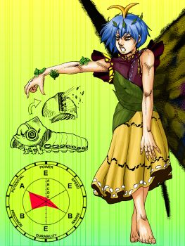 1girl absurdres antennae araki_hirohiko_(style) arthropod_girl barefoot black_shirt blue_hair bug butterfly_wings caterpillar eddybird55555 eternity_larva full_body green_background highres insect_wings jojo_no_kimyou_na_bouken leaf leaf_on_head parody shirt short_hair short_sleeves skirt stand_(jojo) style_parody touhou wings yellow_eyes yellow_skirt
