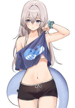 1girl animal_print arm_up armpits bare_shoulders black_shorts blue_eyes blue_shirt breasts commentary cowboy_shot crop_top crop_top_overhang drawstring fish_print hair_between_eyes highres long_hair looking_at_viewer medium_breasts midriff mole mole_under_eye navel off_shoulder original parted_lips ry_thae sanyu_(ry_thae) scrunchie shirt short_shorts short_sleeves shorts simple_background single_sleeve solo stomach underboob whale_print white_background white_hair wrist_scrunchie
