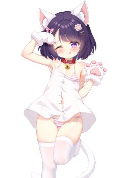 1girl :q absurdres animal_ear_fluff animal_ears animal_hands arm_up armpits azur_lane bikini black_hair blush breasts bush_(azur_lane) cat_ears cat_girl cat_tail collar gloves hair_ornament hairclip highres leg_up loli navel no_pants one_eye_closed paw_gloves pink_eyes qian_hen shirt short_hair side-tie_bikini_bottom sleeveless sleeveless_shirt small_breasts smile solo standing standing_on_one_leg striped_bikini striped_clothes swimsuit tail thigh_gap thighhighs thighs tongue tongue_out white_shirt white_thighhighs