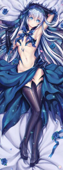 1693070240 1girl absurdres arm_up armpits bed_sheet black_boots black_gloves blue_eyes blue_flower blue_ribbon blue_rose blue_skirt boots breasts closed_mouth dakimakura_(medium) date_a_live flower from_above full_body gloves groin hair_between_eyes hair_spread_out highres incredibly_absurdres long_hair looking_at_viewer lying medium_breasts navel on_back revealing_clothes ribbon rose skirt smile solo thigh_boots tobiichi_origami very_long_hair white_hair