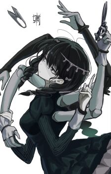 1girl alternate_costume arms_up black_eyes black_hair bow braid breasts closed_mouth doll_joints dress earrings extra_arms gloves green_dress hair_bow hatsune_miku head_tilt highres holding holding_scissors index_finger_raised jewelry joints juliet_sleeves long_hair long_sleeves looking_to_the_side mismatched_pupils pale_skin partially_fingerless_gloves puffy_sleeves scissors side_braids single_earring small_breasts solo twin_braids upper_body vocaloid wawasuke white_background white_gloves