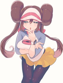 1girl arm_under_breasts black_pantyhose blue_eyes breasts brown_hair commentary_request cowboy_shot donut_hair_bun double_bun hair_bun hat highres large_breasts mcmcusg nintendo pantyhose pokemon pokemon_bw2 rosa_(pokemon) shorts simple_background solo twintails visor_cap white_background white_hat yellow_shorts