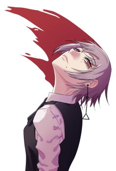 1girl absurdres black_dress chainsaw_man closed_mouth dress earrings fami_(chainsaw_man) fourth_east_high_school_uniform highres jewelry looking_up medium_hair mole mole_under_eye mole_under_mouth multiple_moles pinafore_dress pink_eyes purple_hair ringed_eyes school_uniform shirt sleeveless sleeveless_dress solo soyuko white_shirt