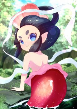 1girl black_hair blue_eyes closed_mouth commentary_request grass hair_rings highres looking_at_viewer looking_back mermaid monster_girl ningyo_(youkai_watch) omega_takai pointy_ears river riverbank short_hair sidelocks solo thick_eyebrows topless_female youkai_watch