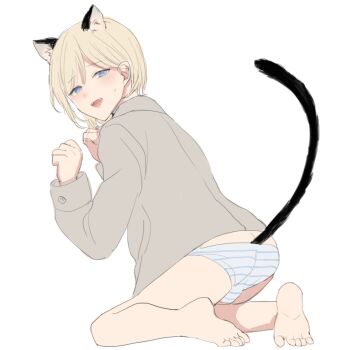 1boy androgynous animal_ears back_peek barefoot black_tail blonde-haired_boy_(sunaba_(nczd5875)) blonde_hair blue_eyes blue_panties blush bulge cat_ears cat_tail commentary_request fangs from_behind full_body grey_shirt kneeling long_sleeves looking_at_viewer looking_back male_focus open_mouth original panties partial_commentary paw_pose shirt short_hair simple_background sketch smile solo striped_clothes striped_panties sunaba_(nczd5875) sweat tail tail_raised toes tongue trap underwear white_background white_panties