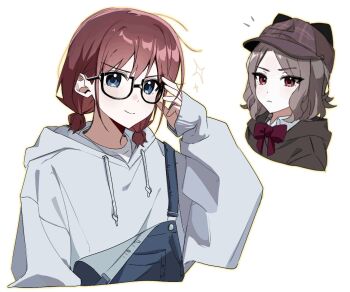 2girls bespectacled blue_eyes blush bow bowtie brown_hair brown_hoodie chinese_commentary closed_mouth commentary_request ebizuka_tomo girls_band_cry glasses grey_hair grey_hoodie hood hood_down hoodie i2727272727 iseri_nina long_sleeves low_twintails multiple_girls red_bow red_bowtie red_eyes short_hair short_twintails simple_background sleeves_past_wrists twintails white_background