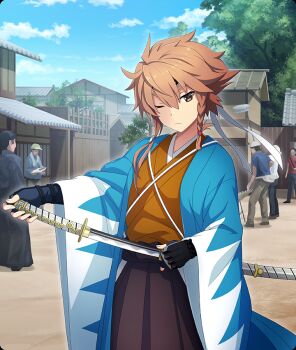 2girls 4boys architecture black_gloves black_hakama blue_haori blue_sky braid brown_kimono closed_mouth cloud cowboy_shot day dot_nose drawing_sword east_asian_architecture fingerless_gloves game_cg gloves hakama haori headband holding holding_sword holding_weapon house japanese_clothes katana kimono looking_at_viewer multiple_boys multiple_girls official_art one_eye_closed outdoors red_pupils shidou_maki_(toji_no_miko) shinsengumi short_hair_with_long_locks single_braid sky solo_focus spiked_hair sword third-party_source toji_no_miko toji_no_miko:_kizamishi_issen_no_tomoshibi tree two-tone_haori weapon white_haori white_headband