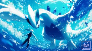 1other air_bubble ambiguous_gender artist_name bird bubble creature gen_2_pokemon highres legendary_pokemon long_hair looking_at_another lugia maskoo185826 nintendo open_mouth pokemon pokemon_(creature) pokemon_focus sleeveless spread_wings tail underwater water watermark wings