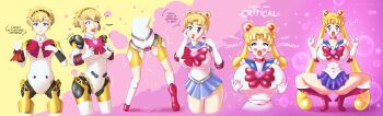 absurdres aigis_(persona) ass_expansion atlus bimbofication bishoujo_senshi_sailor_moon blonde_hair blue_eyes breasts double_v english_text female_focus grabbing_own_breast gynoid henshin highres inflatable inflation large_breasts latex lip_expansion lips long_hair machine magic megami_tensei mind_control open_mouth persona persona_3 progression purple_background ribbon robot sailor_collar sailor_moon saliva saliva_trail sex_doll sex_toy_transformation skirt speech_bubble surprised sutibaru thick_lips transformation transformation_(object) tsukino_usagi two-tone_background v yellow_background