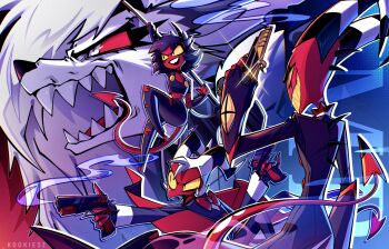 2boys 2girls absurdres animal_ears blitzo_(helluva_boss) colored_sclera demon_tail dual_wielding furry furry_female grin gun hellaverse helluva_boss highres holding horns kookiesz long_sleeves looking_to_the_side loona_(helluva_boss) midriff millie_(helluva_boss) moxxie_(helluva_boss) multiple_boys multiple_girls red_eyes red_sclera sharp_teeth smile tail teeth weapon white_eyes wolf_ears wolf_girl yellow_sclera