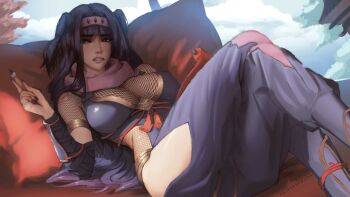 1girl absurdres black_eyes black_hair bodystocking breasts cleavage clothing_cutout commentary english_commentary fire_emblem fire_emblem_fates fire_emblem_heroes fishnets hair_ornament highres hip_vent ninja nintendo paintbrush princeofduma scowl see-through_cleavage see-through_clothes short_hair solo tharja_(fire_emblem) tharja_(ninja)_(fire_emblem)