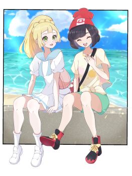 2girls bag beach beanie black_hair blonde_hair blue_sky blunt_bangs blush boronttt braid breasts closed_eyes cloud floral_print green_eyes green_shorts hat highres lillie_(pokemon) long_hair multiple_girls nintendo ocean open_mouth outdoors pokemon pokemon_sm ponytail ponytail_with_braided_base red_hat selene_(pokemon) shirt shoes short_hair short_sleeves shorts shoulder_bag sitting skirt sky smile socks tied_shirt water white_shirt white_skirt white_socks yellow_shirt