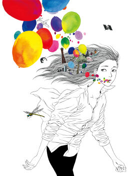 3boys 3girls aircraft airplane album_cover aqua_shirt balloon boat bug building cat collared_shirt cover cowboy_shot dragonfly giant giantess giraffe highres insect jet_airliner kozaki_ai long_hair mass_of_the_fermenting_dregs multiple_boys multiple_girls oar orange_shirt purple_shirt red_shirt rowboat satellite shirt simple_background size_difference tree walking watercraft white_background