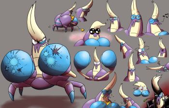 Rule 34 | berry (pokemon), blush, closed eyes, closed mouth, commentary request, crabrawler, dizzy, eating, foaming at the mouth, food, fruit, full body, gen 7 pokemon, grey background, half-closed eyes, holding, holding food, holding fruit, motion lines, moukon, musical note, narrowed eyes, nervous sweating, nintendo, no humans, open mouth, pokemon, pokemon (creature), pokemon focus, shadow, simple background, sitrus berry, smile, spoken musical note, sweat, teeth, toon (style), upper teeth only, x x