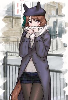 1girl beret blush bow brown_hair coat commentary_request curry_soba green_bow grey_coat hair_between_eyes hair_bow hat highres horse_girl horse_tail king_halo_(umamusume) looking_at_viewer miniskirt outdoors pantyhose pencil_skirt pleated_skirt ribbed_shirt scarf shirt skirt solo tail umamusume white_scarf